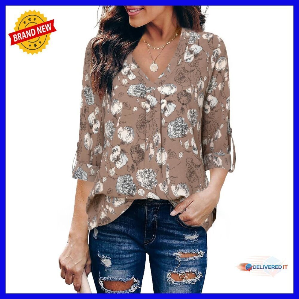 Chiffon 3/4 Sleeve V-Neck Blouse Work Office Casual Tunic Top